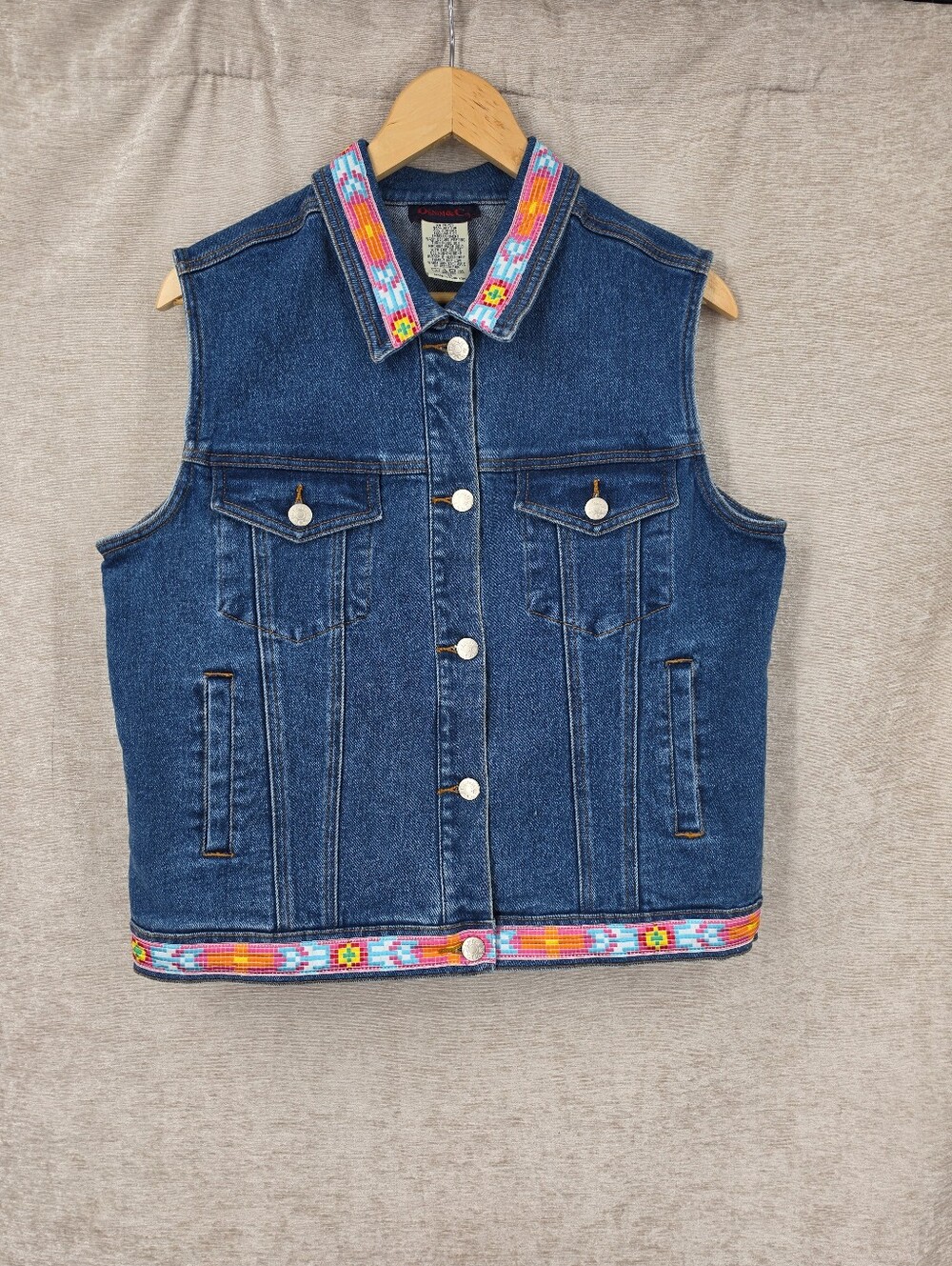 Denim & Co Vintage Blue Jean Vest with Colorful Aztec Patterm Trim Western Boho